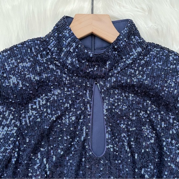 VINCE CAMUTO Long Sleeve Stand Neck Keyhole Sheath in Navy Blue Sequin Size 6 - Picture 7 of 14
